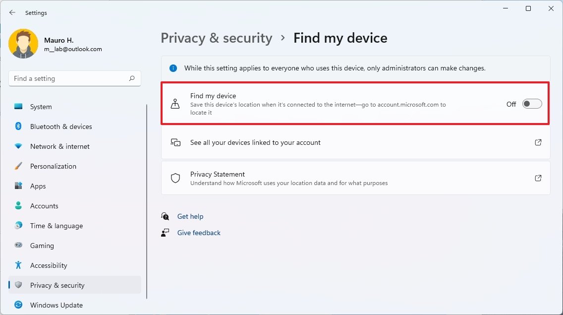 Disable Find My Device on Windows 11