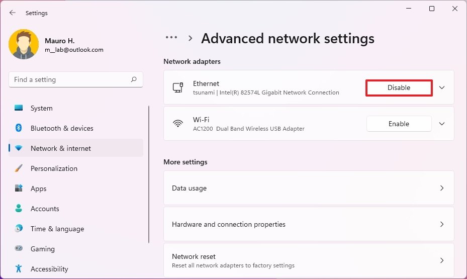 Windows 11 Settings disable network adapters