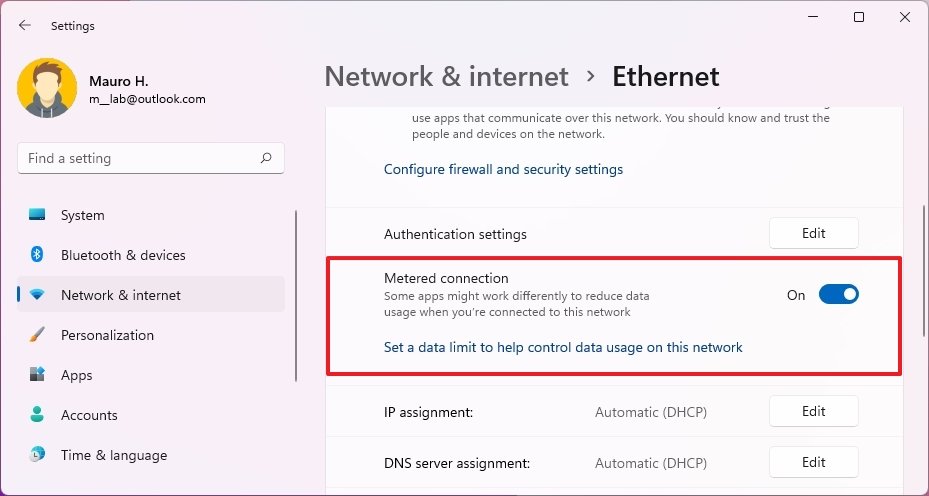 Enable Ethernet Metered connection