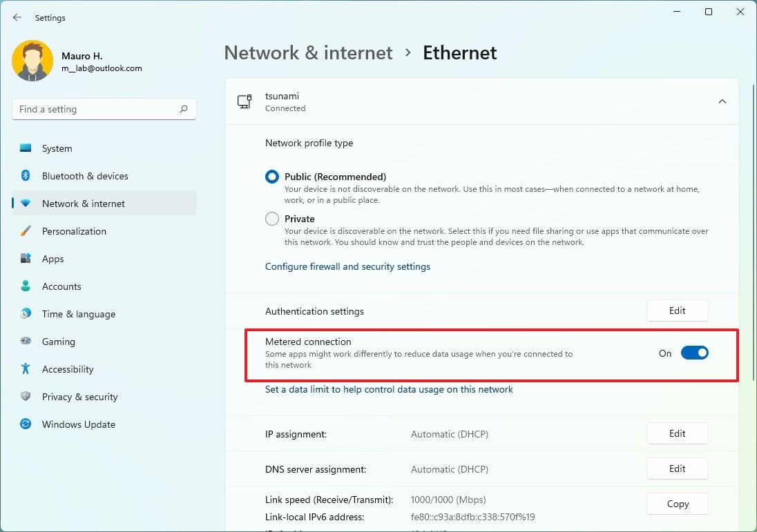 Enable Ethernet metered connection