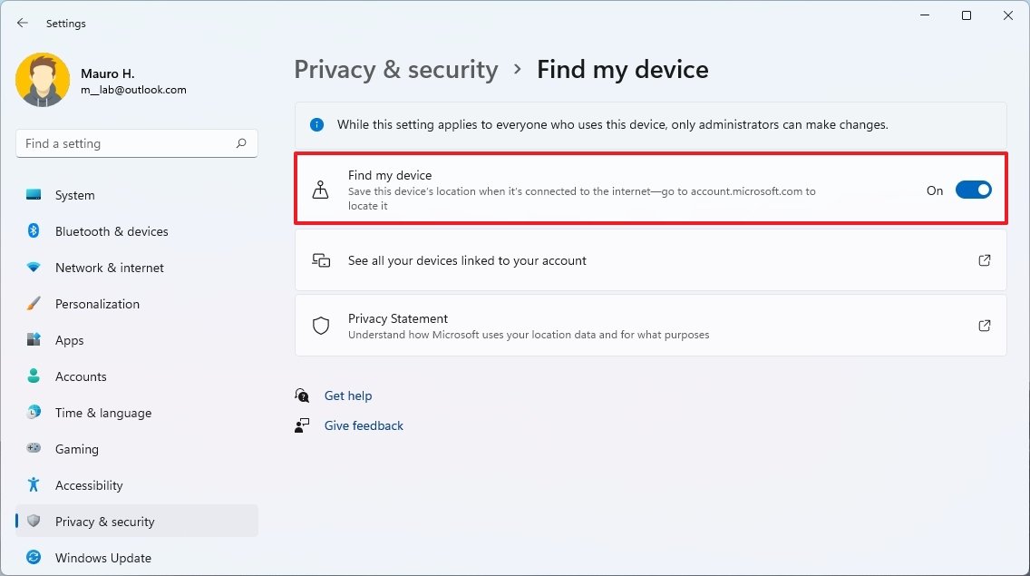 Enable find my device on Windows 11