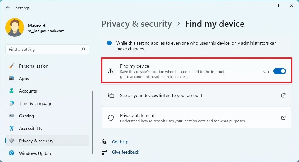 Windows 11 enable find my device