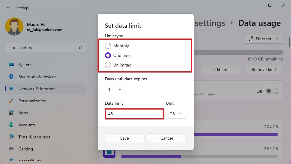 Modify data limit on Windows 11