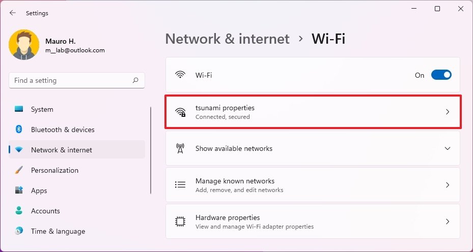 Abrir propriedades de conexão Wi-Fi