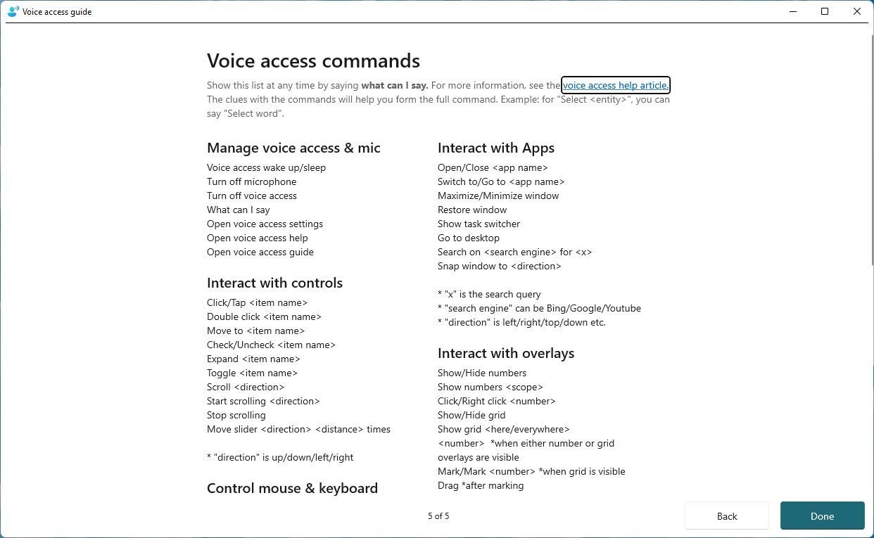 Voice Access Commands page one