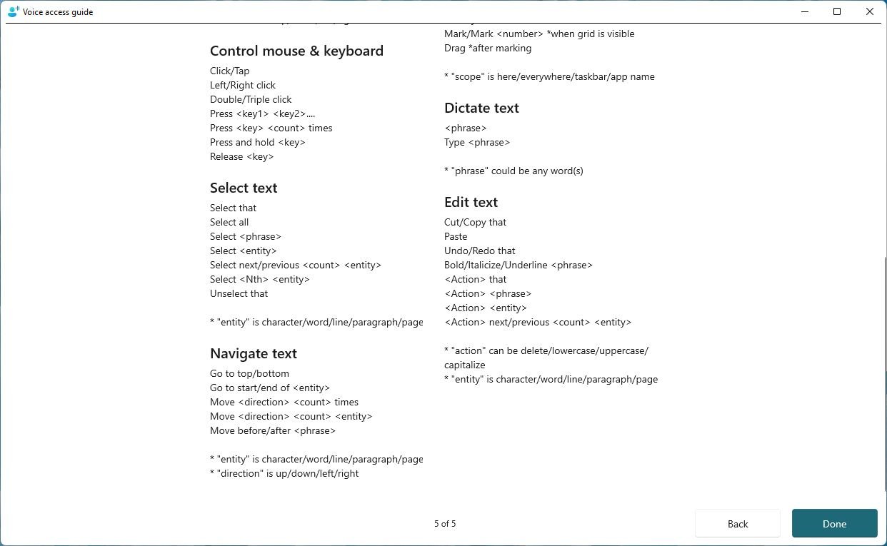Voice Access Commands page two