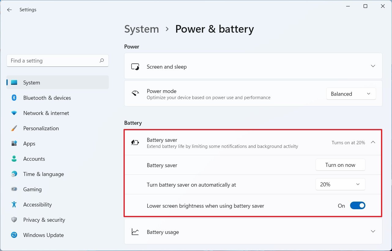 Windows 11 Battery Saver Settings