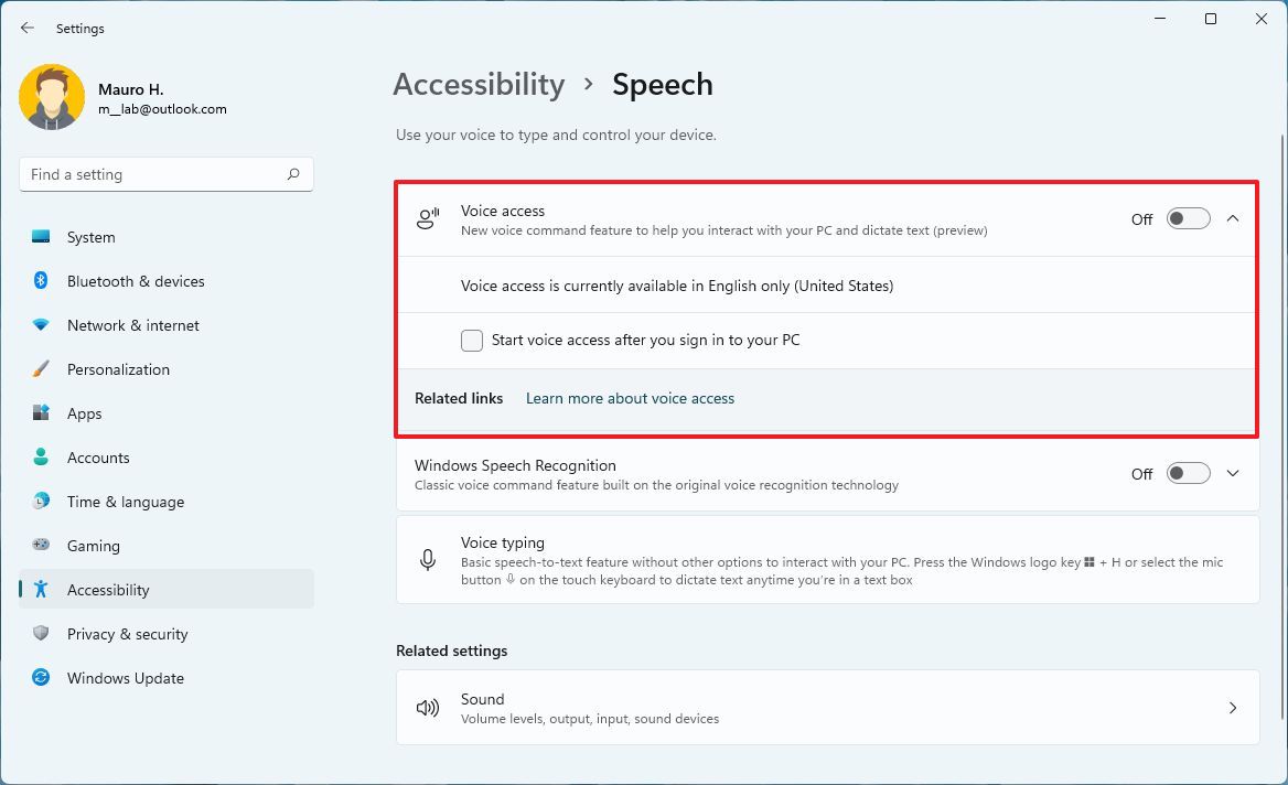 Windows 11 Voice access settings
