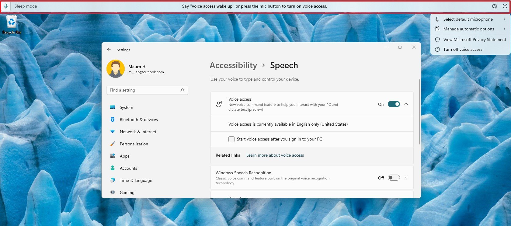 Windows 11 Voice Access UI preview