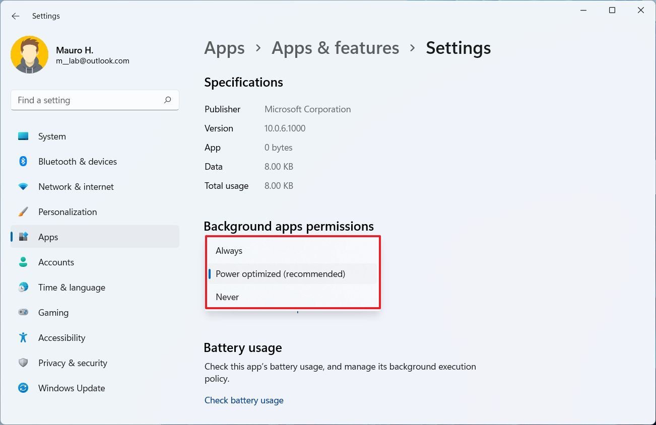 Background apps permissions 