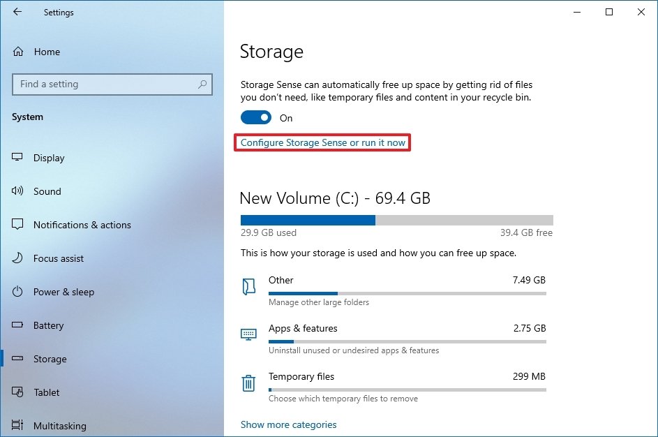Open Storage Space settings