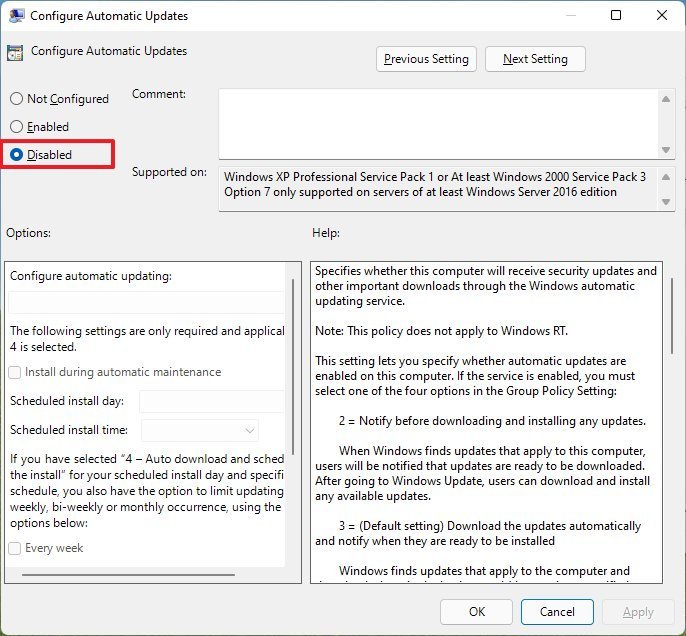 Disable Windows 11 automatic updates policy