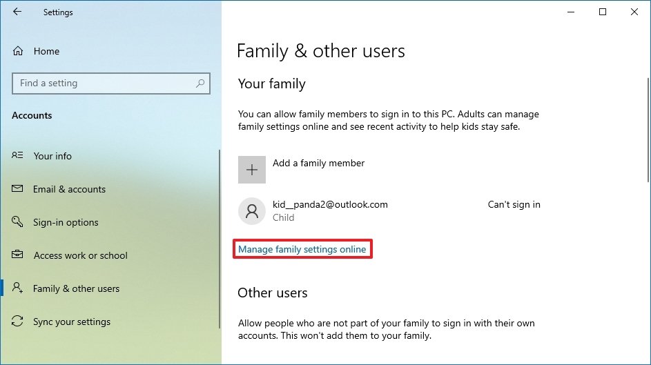 Manage family settings online option on Windows 10