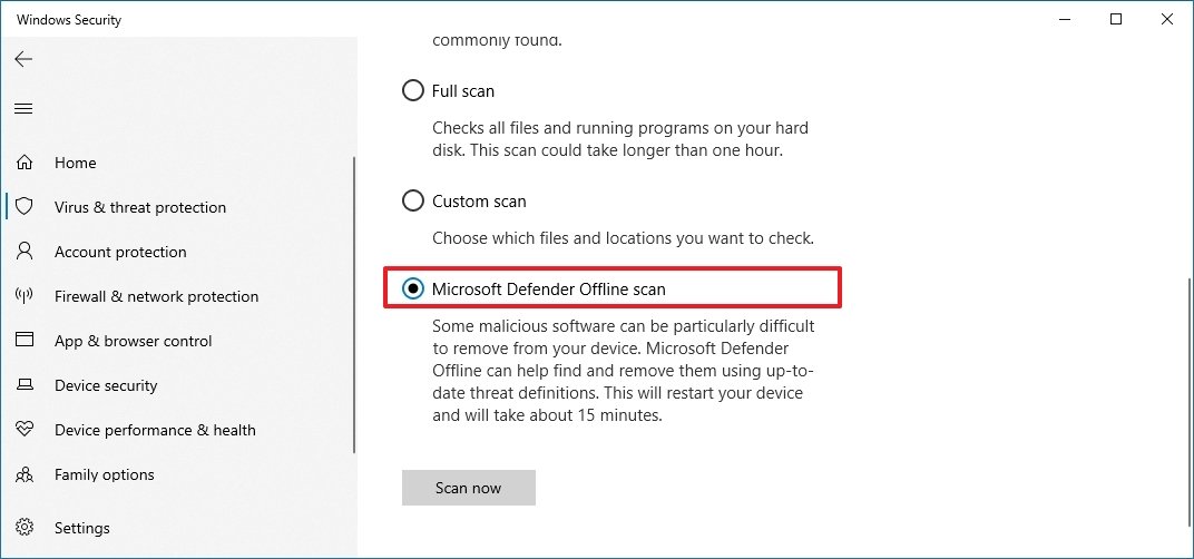 Opção de verificação offline do Microsoft Defender