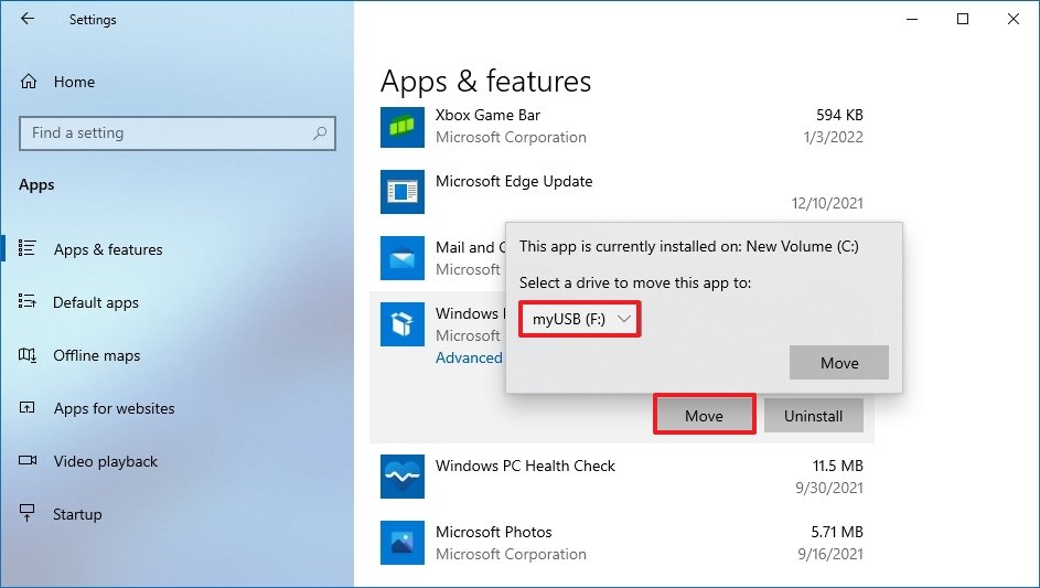 Windows 10 move installed app to new drive