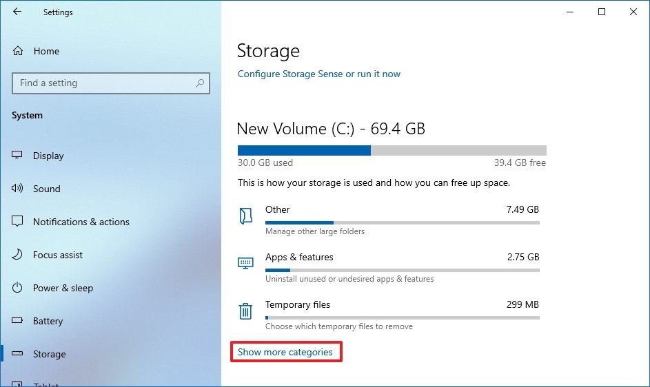 Storage Sense show more categories option