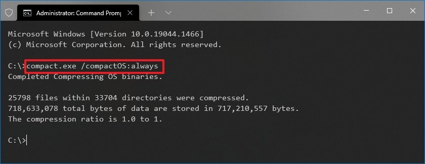 Windows 10 enable CompactOS to save drive space