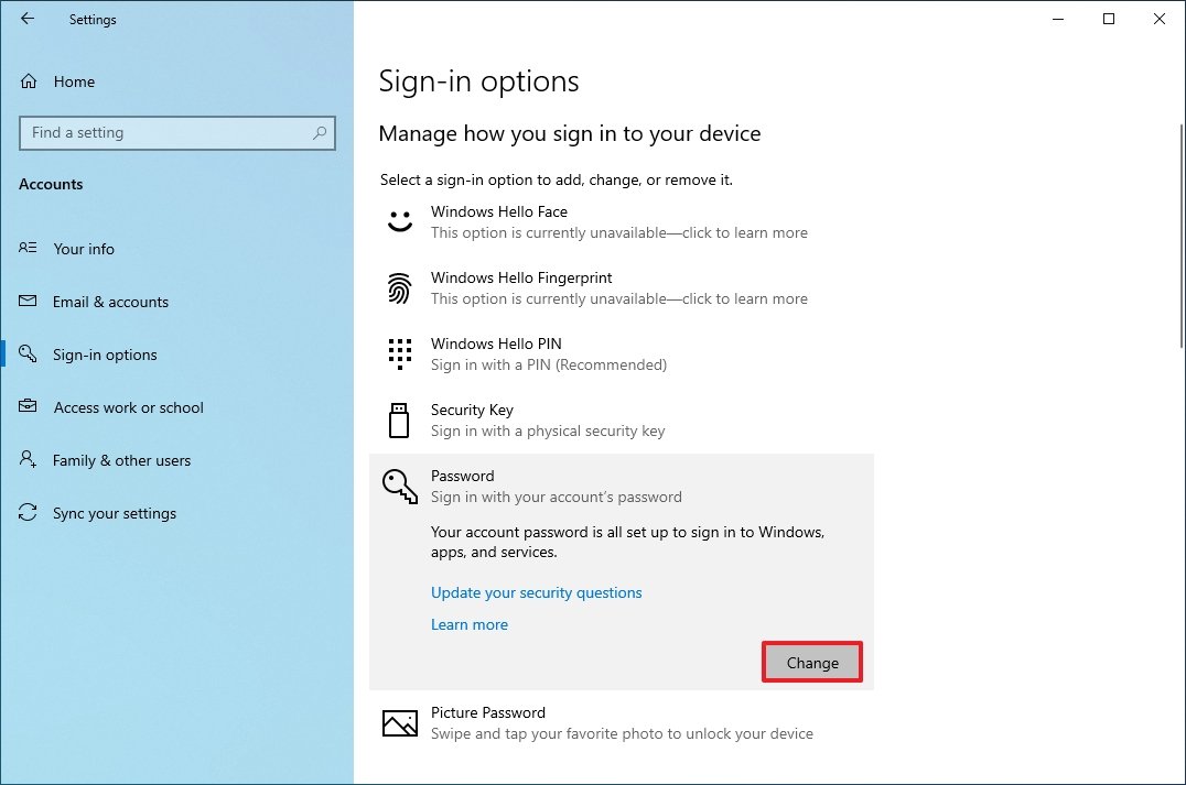 Windows 10 change password option