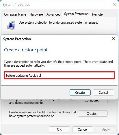 System Restore point settings