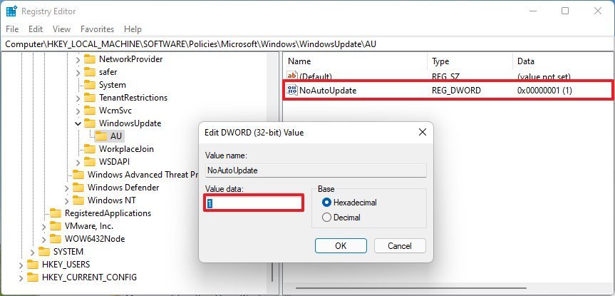Windows 11 disable automatic update through Registry