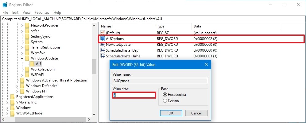 Windows 10 AUOptions Registry key