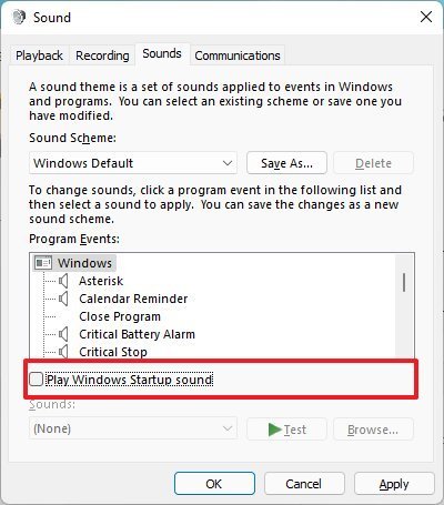 Desative o som de inicialização no Windows 11