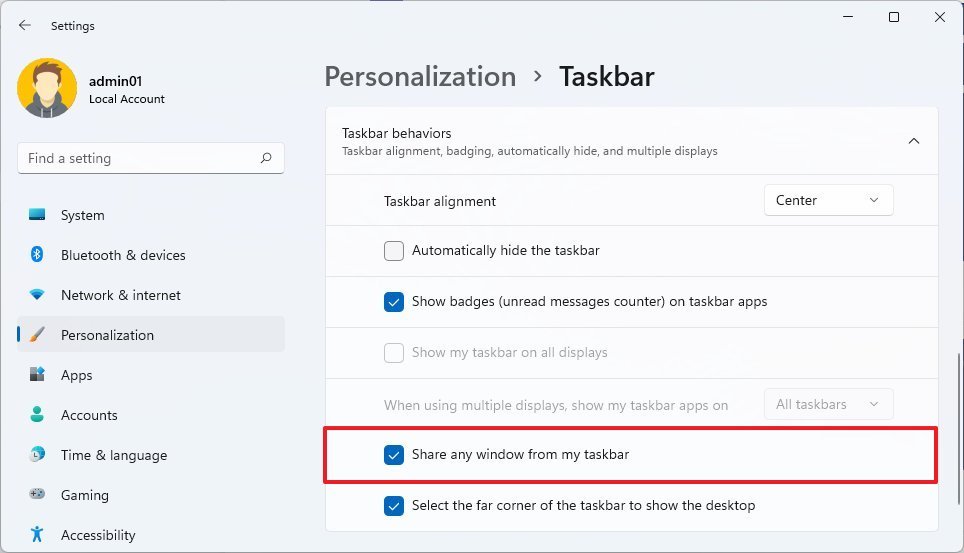 Share any window from my taskbar enabled