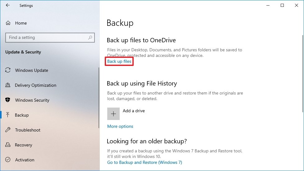 OneDrive file backup settings