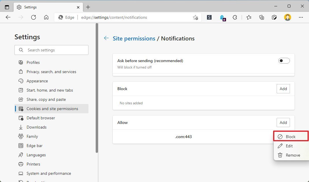 Site block notifications