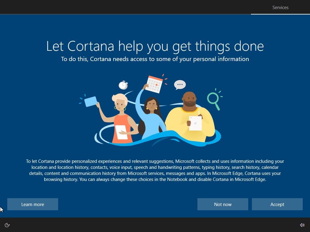 Clean Windows 10 install Cortana setup
