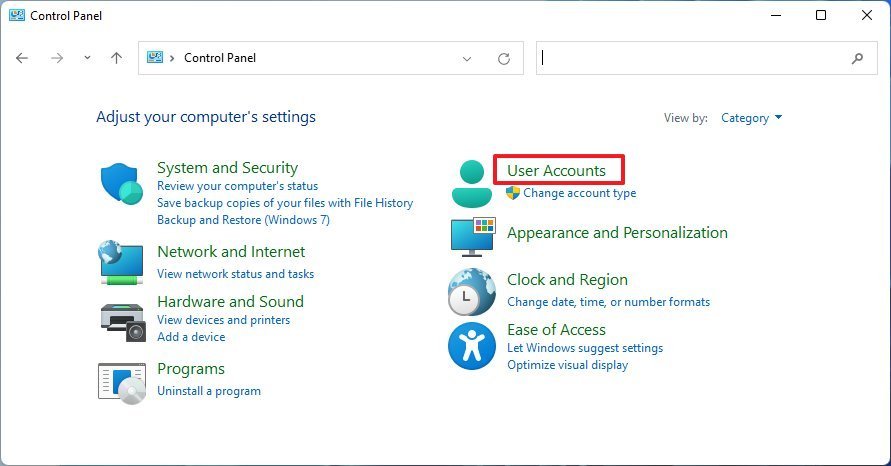 Open User accounts in Control Panel