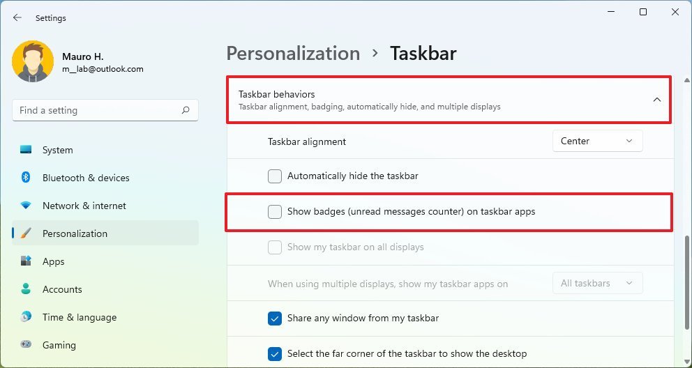 Windows 11 taskbar badge disable