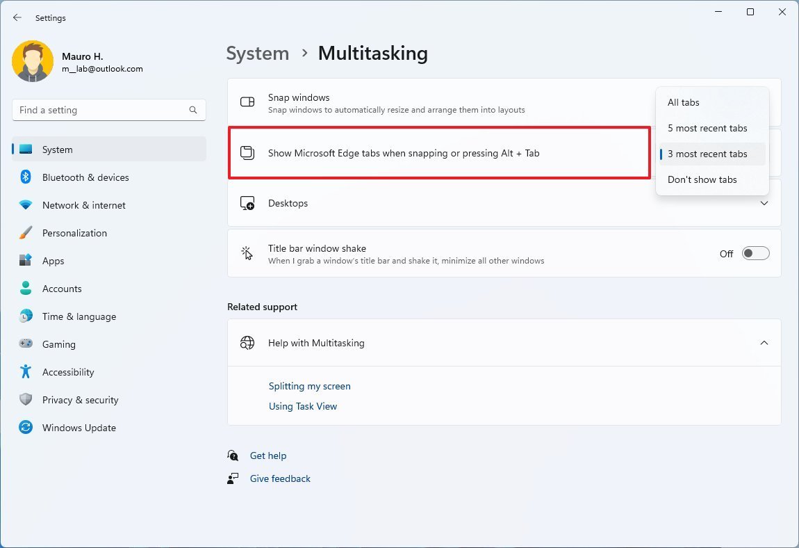 Microsoft Edge multi-tasking settings