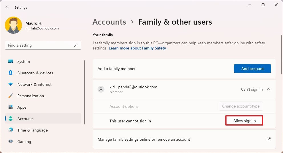 Enable family account on Windows 11