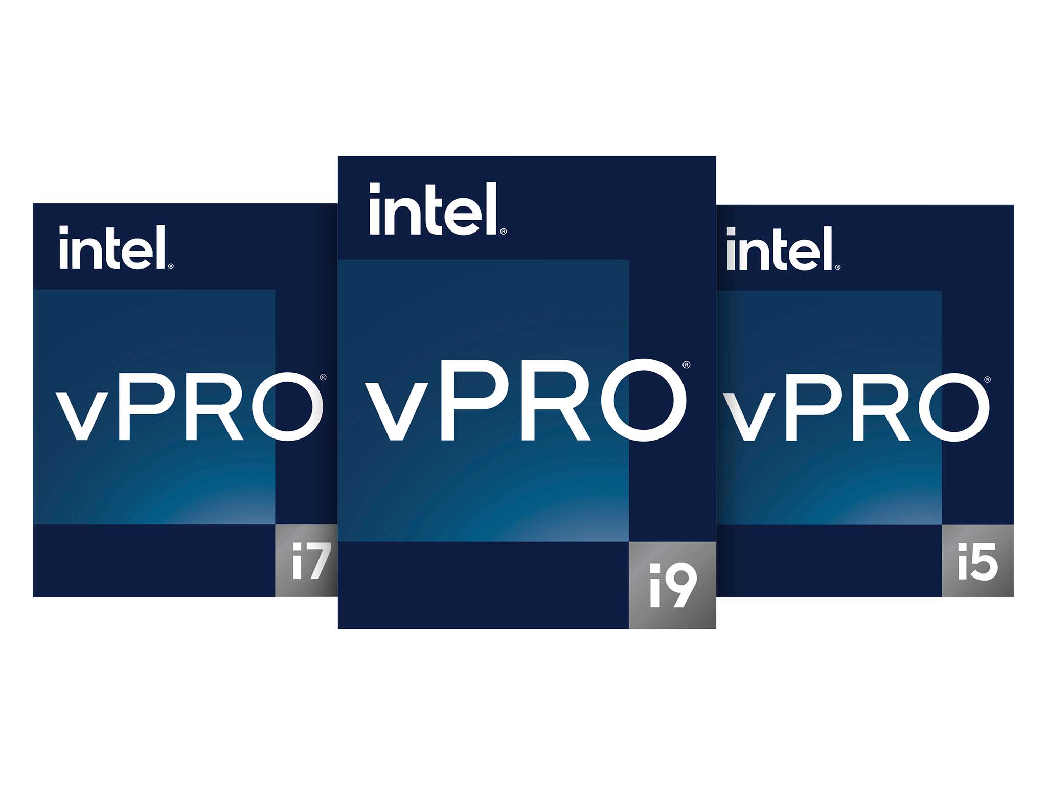 Emblemas da família Intel vPro 12ª geração (i5, i7, i9).  Inclui renderizações 16x9, 4x3, 1x1 incorporadas