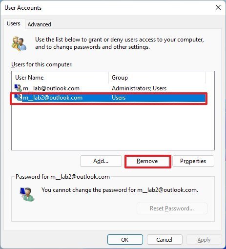 netplwiz remove account on Windows 11