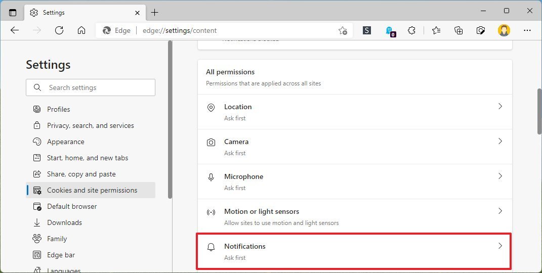 Open Microsoft Edge notifications settings