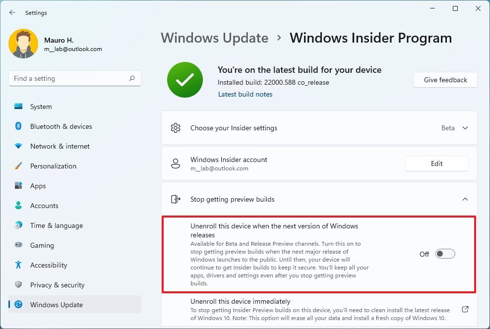 Cancelar a inscrição do programa Windows Insider