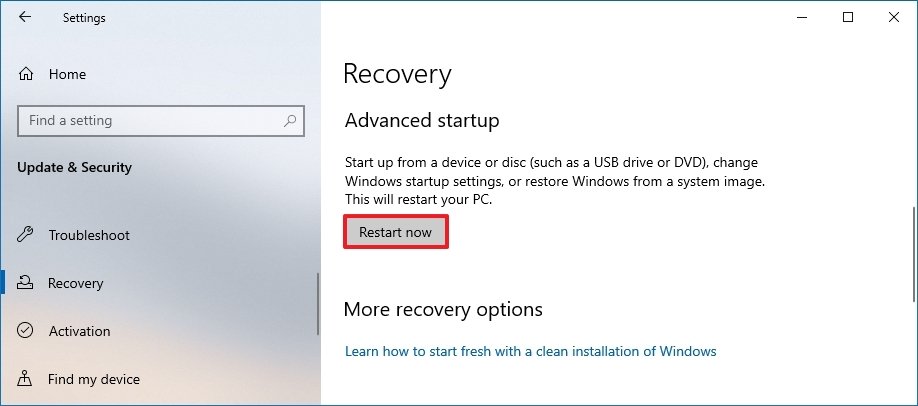 Windows 10 recovery settings