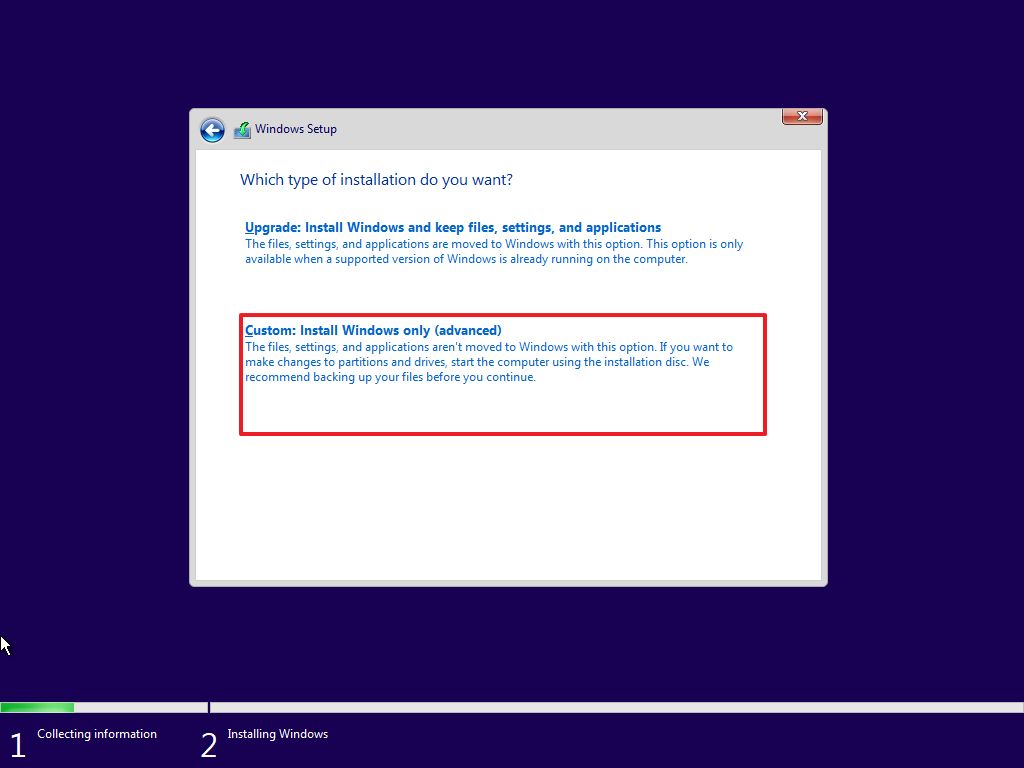 Windows 10 clean install option
