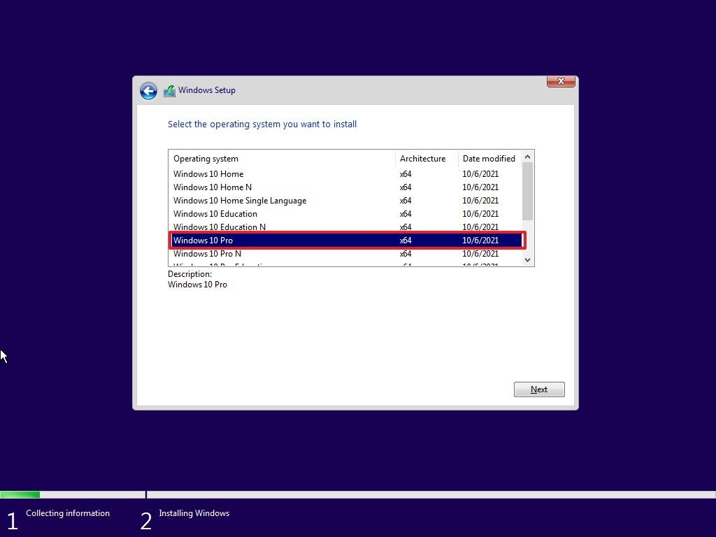 Windows 10 Setup select edition