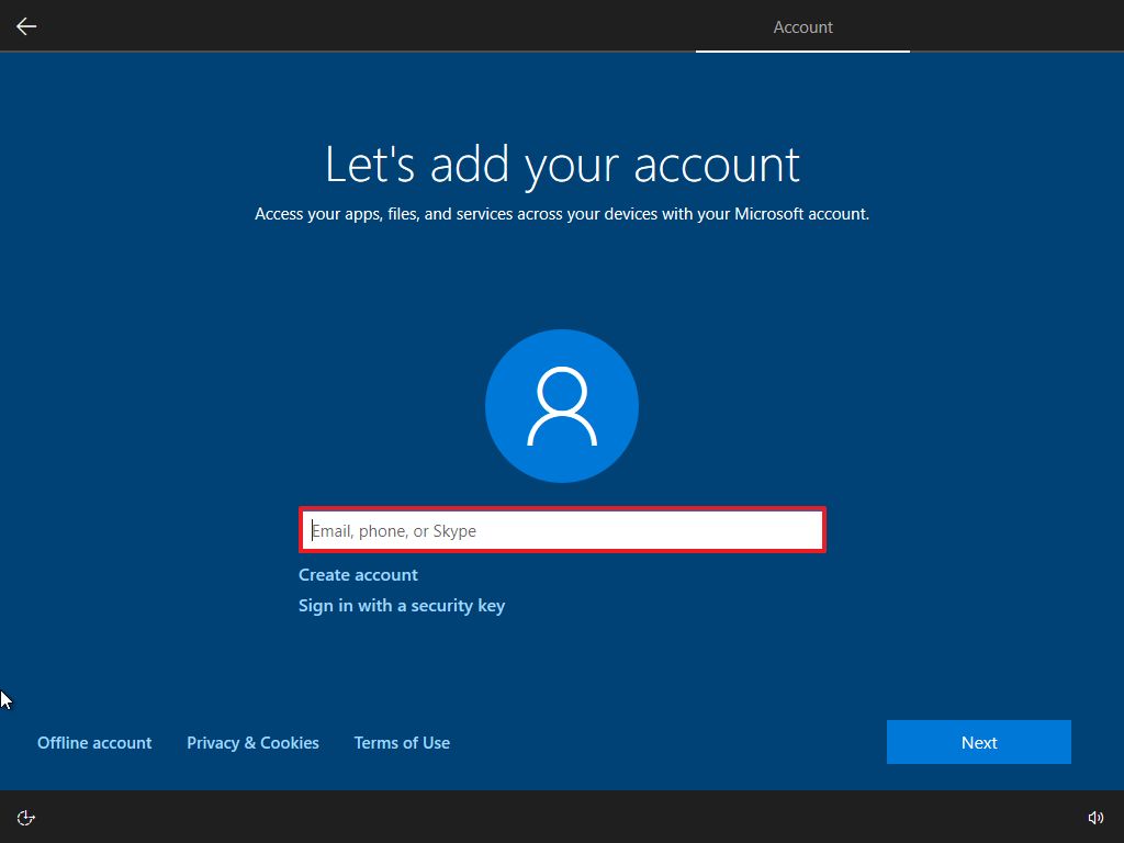 OOBE create new Windows 10 account