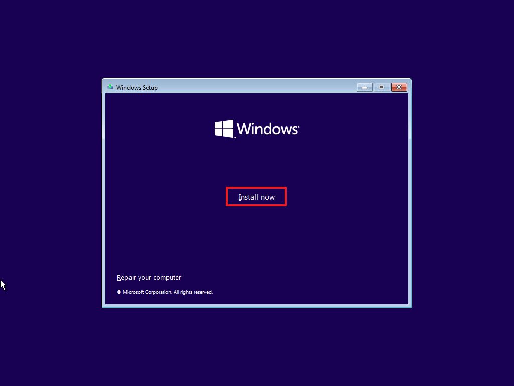 Windows 10 Setup install now option