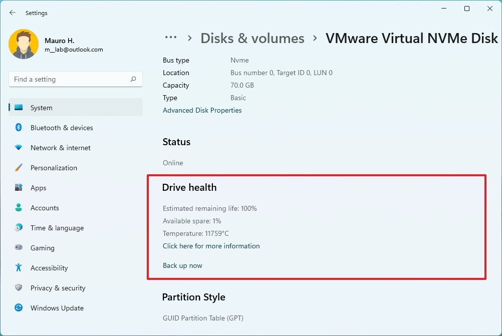 SDD health information on Windows 11