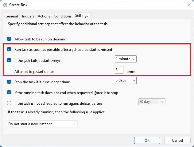 Windows 11 run task settings