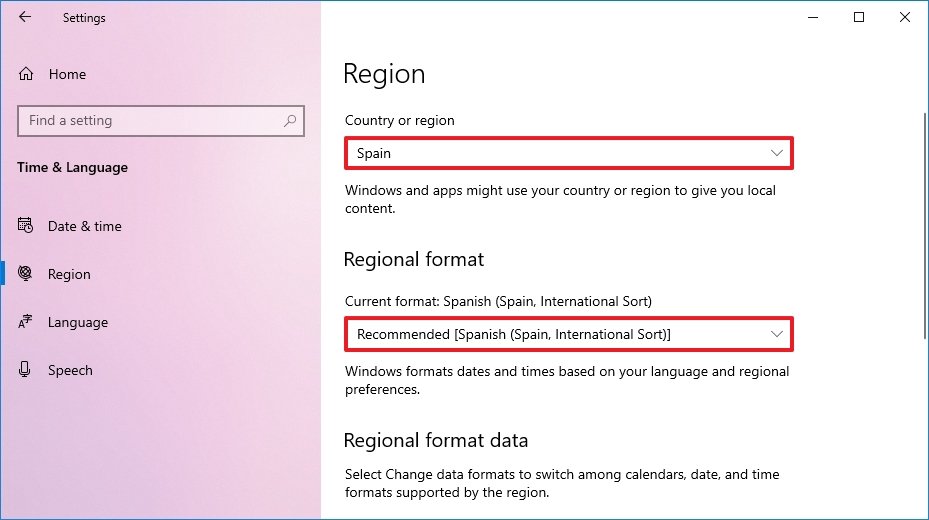 Windows 10 altera as configurações de região