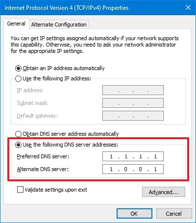 Alterar endereços DNS preferenciais e alternativos 