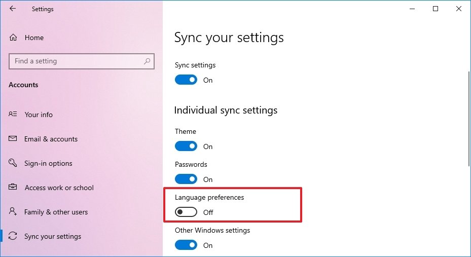 Opção de idioma de sincronização do Windows 10 desabilitada