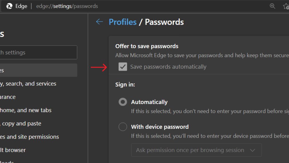 Edge Canary Automatic Password Feature