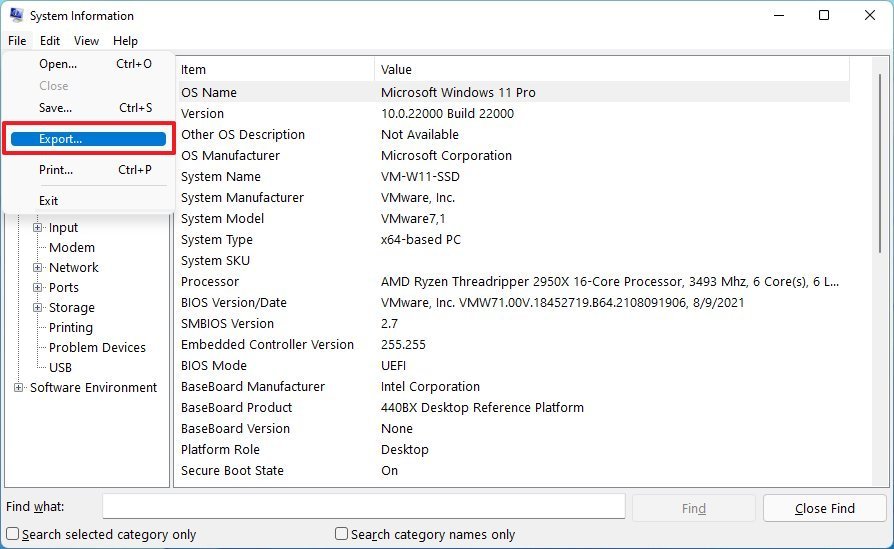 Export tech specs on Windows 11